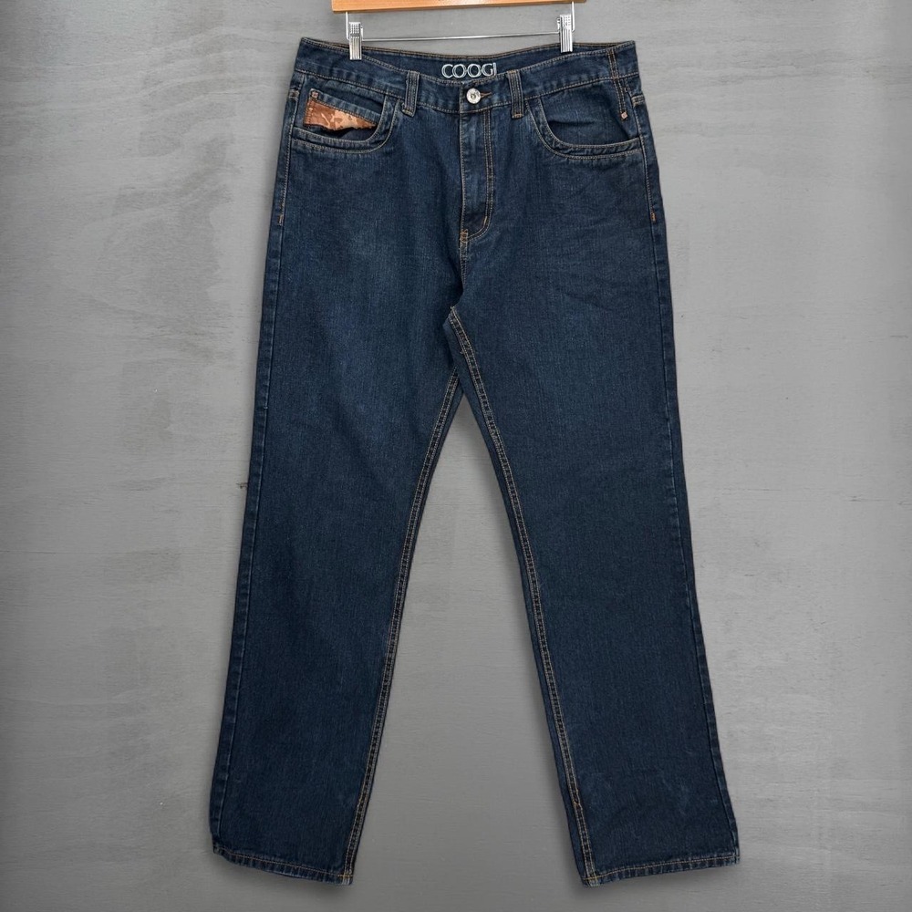 Y2K Coogi Denim Baggy Jeans Dark Wash Embroidered Patch Straight Leg 36 x 34